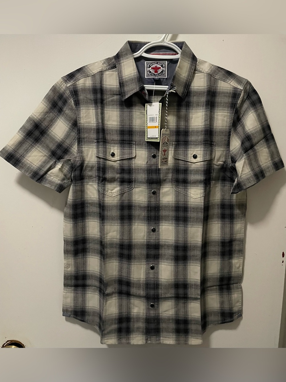 Flag & Anthem Men’s Western Plaid Button Up Shirt 100% Cotton Cream Black Small